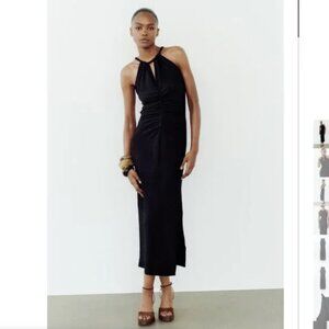 NWT ZARA MIDI HALTER DRESS BLACK